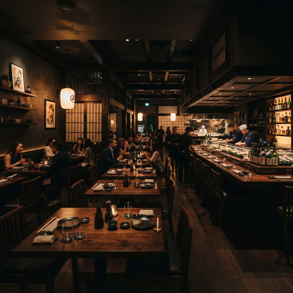 Interior of the Deraz sushi restaurant with warm ambient lighting