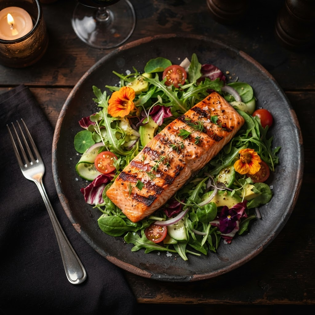 Gourmet grilled salmon dish plated on greens