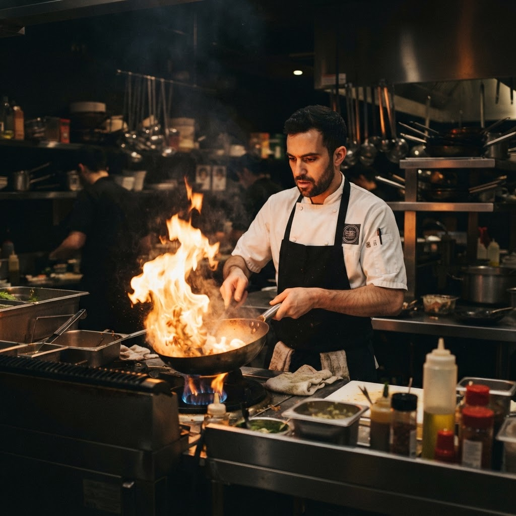 Chef cooking with flames at the kitchen station